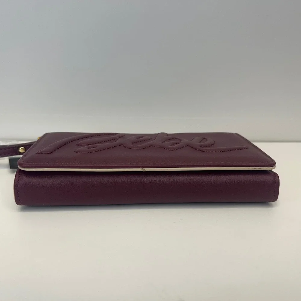 BEBE Louisa Trifold Wallet Multi Slots Embossed Logo Wristlet Clutch Purple NEW